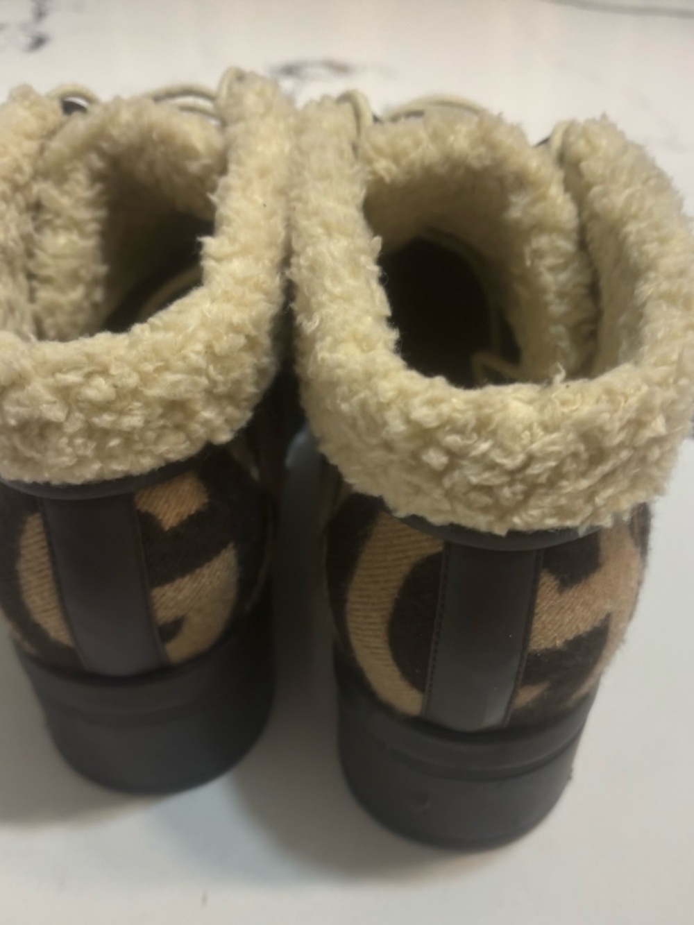 Gucci Beige and Brown GG Logo Shearling-Trim Boots - Picture 3 of 6
